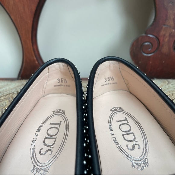 Tod’s Gommino Micro Borche Black Leather Silver Stud Driving Shoes Size 6.5 COA - Picture 7 of 10